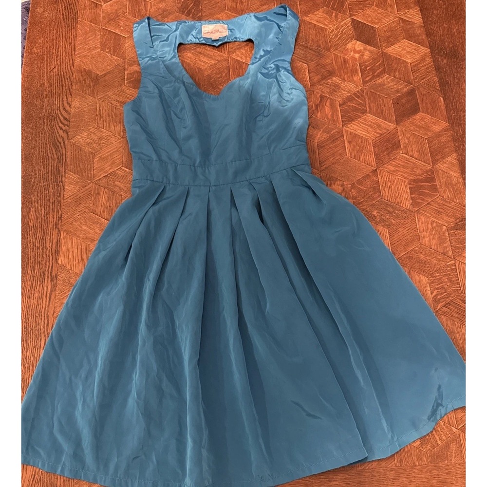 Marilyn Monroe Dress XS Teal Blue Fit Flare Pleated V Neck Heart Cutout Cocktail